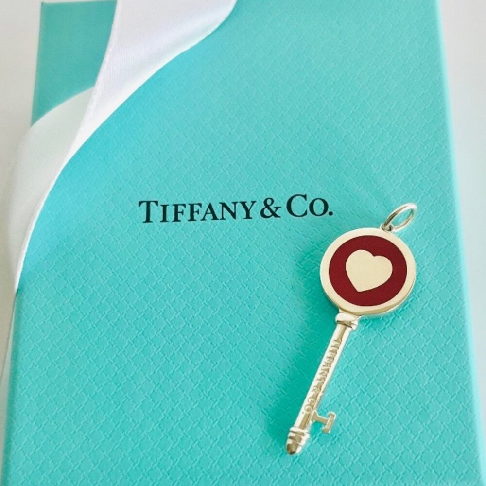 Tiffany & Co. Medium Sterling Silver Red Enamel Heart Tiffany Keys Pendant Charm